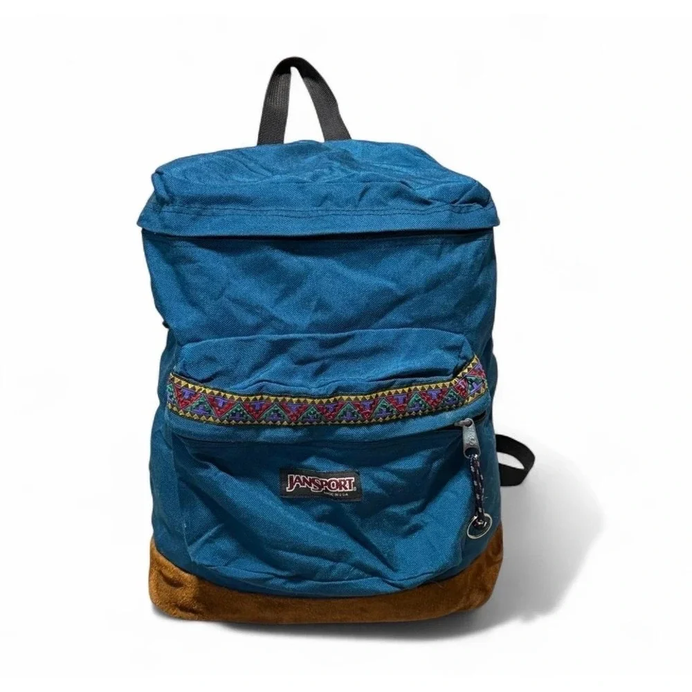 Vintage JanSport USA Teal Backpack Suede Leather Bottom Tribal Trim Made in USA